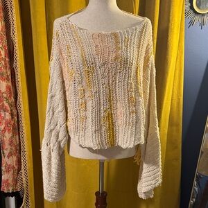 Free People Off-the-Shoulder Cream and Yellow Sweater